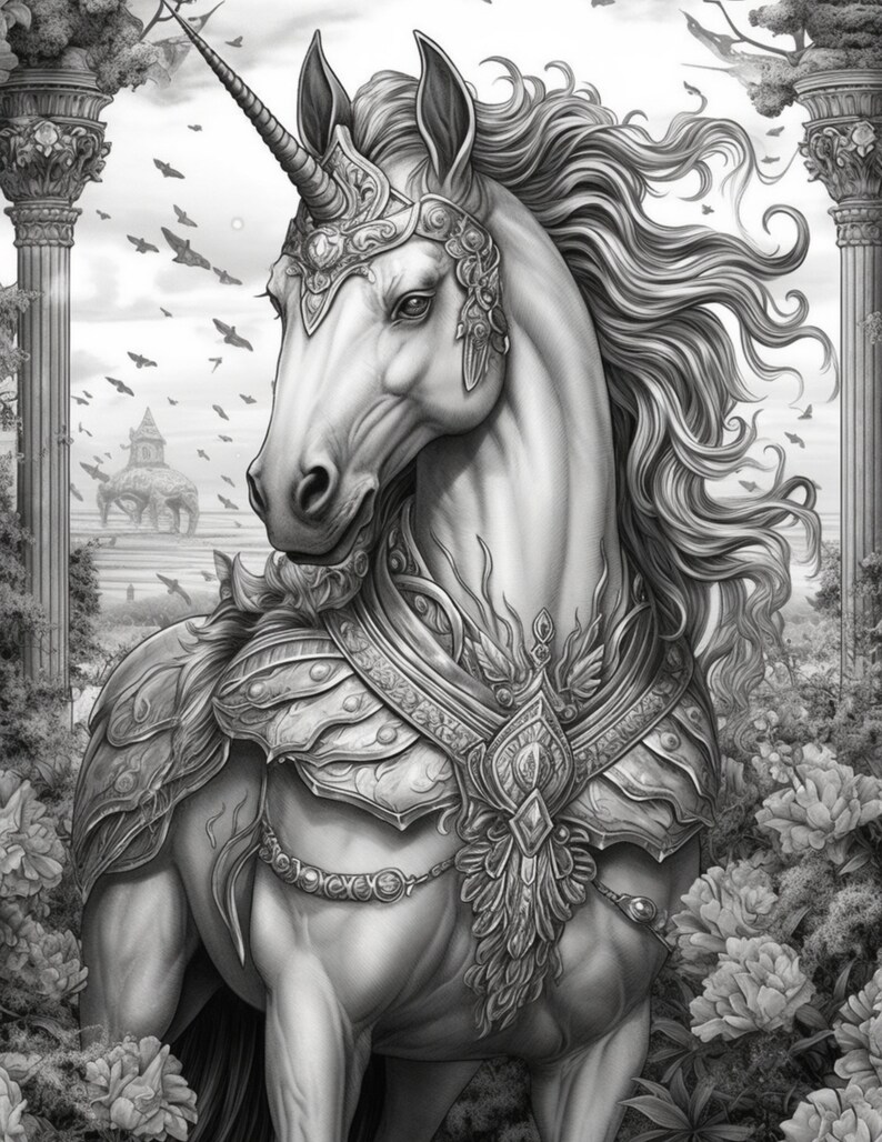 Puede incluir: Ilustraci&oacute;n detallada en escala de grises de un majestuoso unicornio. El unicornio est&aacute; adornado con una armadura ornamentada y una corona enjoyada. El fondo presenta arquitectura cl&aacute;sica, flores y p&aacute;jaros, creando un tema de fantas&iacute;a.