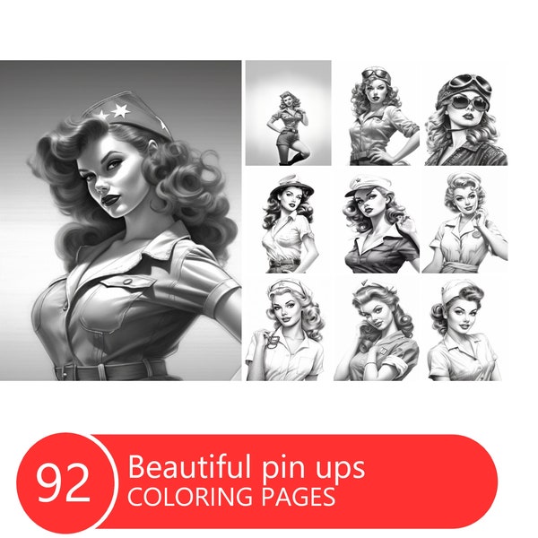 Vintage Pinup Coloring Book for Adults and Kids, Grayscale Coloring Pages, Instant Download, Printable PDF File