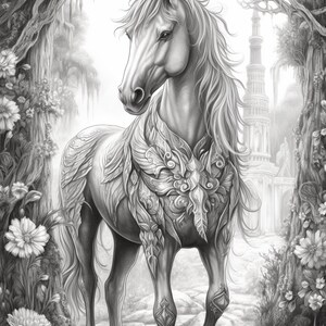 Puede incluir: Ilustraci&oacute;n detallada en escala de grises de un caballo blanco con melena fluida e intrincados adornos tipo armadura en el pecho y los hombros. El caballo se encuentra en un entorno forestal, enmarcado por &aacute;rboles y flores.