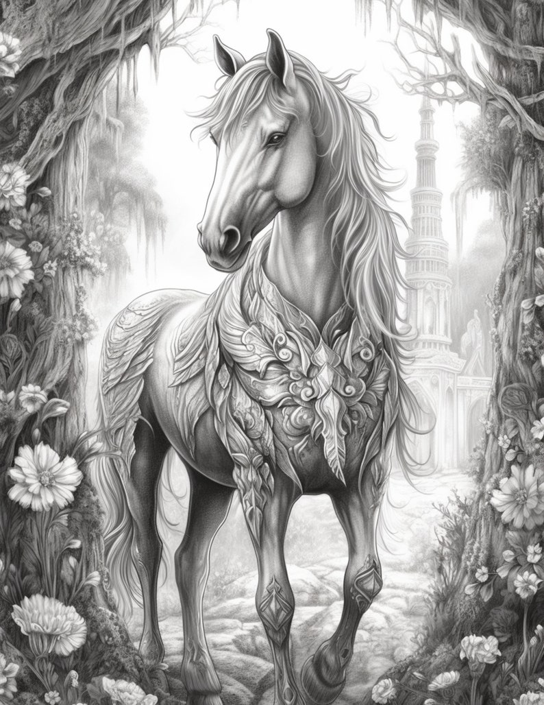 Puede incluir: Ilustraci&oacute;n detallada en escala de grises de un caballo blanco con melena fluida e intrincados adornos tipo armadura en el pecho y los hombros. El caballo se encuentra en un entorno forestal, enmarcado por &aacute;rboles y flores.