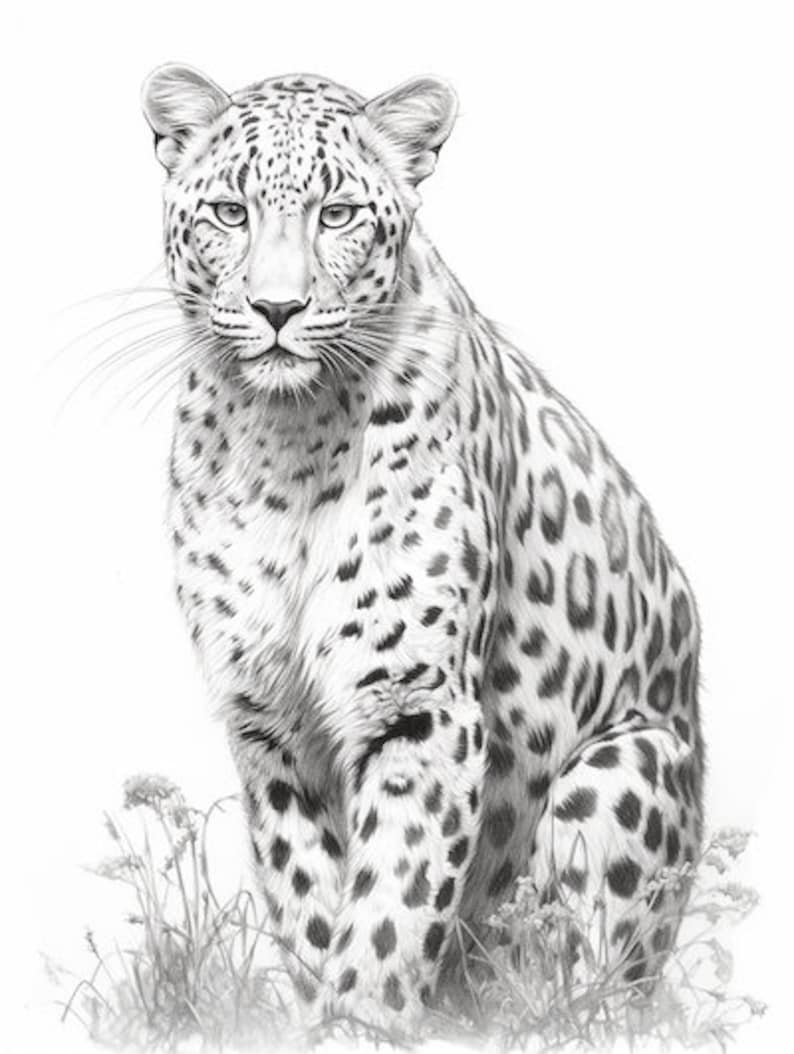 Puede incluir: Un detallado dibujo a l&aacute;piz en blanco y negro de un leopardo sentado en hierba alta. El pelaje del leopardo est&aacute; moteado con manchas oscuras, y sus ojos est&aacute;n fijos hacia adelante. La obra de arte es una representaci&oacute;n realista del animal.