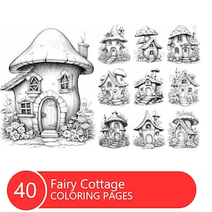 Fairy Cottage Coloring Book for Adults and Kids, Grayscale  Coloring Pages, Instant Download, Printable PDF File