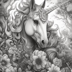 Puede incluir: Ilustraci&oacute;n detallada en blanco y negro de la cabeza y parte superior del cuerpo de un unicornio, rodeado de flores y follaje. El unicornio tiene un cuerno largo y en espiral y una melena fluida. La obra tiene un tema de fantas&iacute;a.