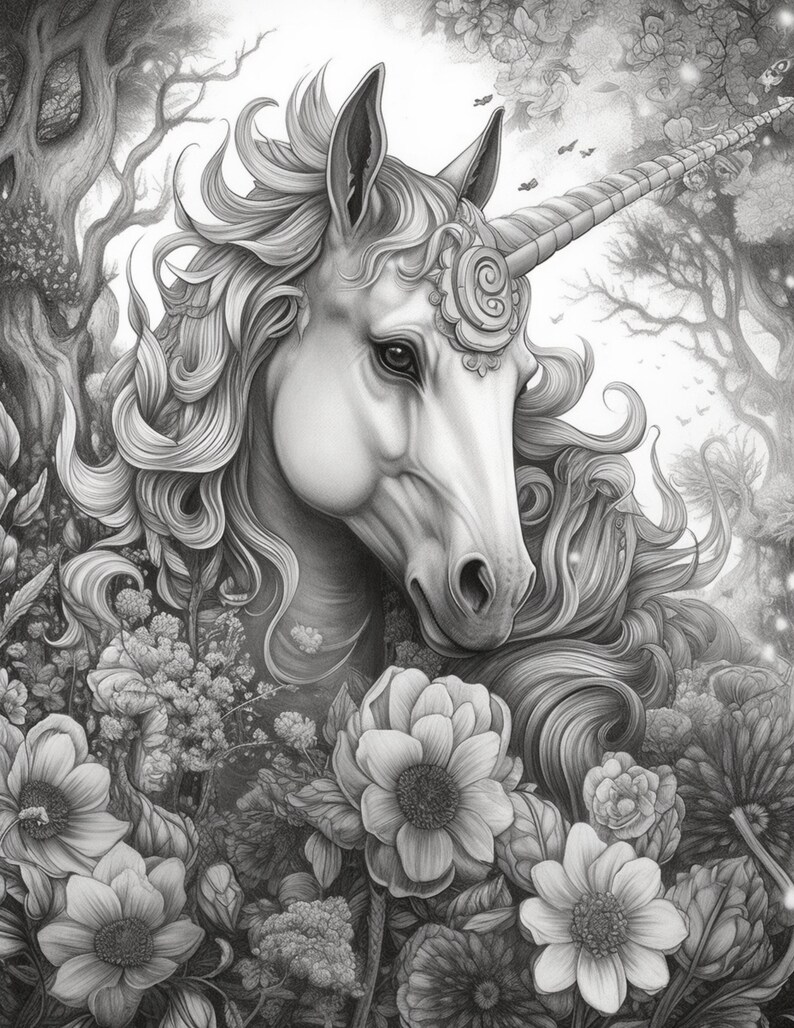 Puede incluir: Ilustraci&oacute;n detallada en blanco y negro de la cabeza y parte superior del cuerpo de un unicornio, rodeado de flores y follaje. El unicornio tiene un cuerno largo y en espiral y una melena fluida. La obra tiene un tema de fantas&iacute;a.