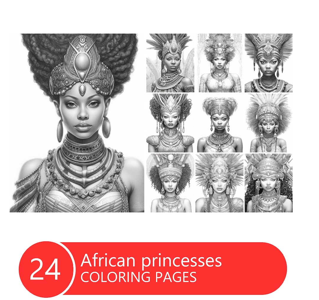 African Princesses Coloring Book for Adults and Kids, Grayscale ...