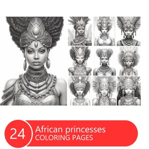African princesses Coloring Book for Adults and Kids, Grayscale  Coloring Pages, Instant Download, Printable PDF File