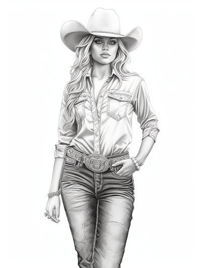 Beautiful Cowgirls Coloring Book for Adults and Kids, Grayscale ...