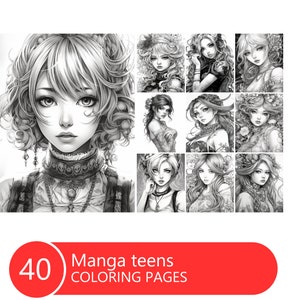Manga Teens Coloring Book for Adults and Kids, Anime manga, Coloring Pages, Instant Download, Printable PDF File