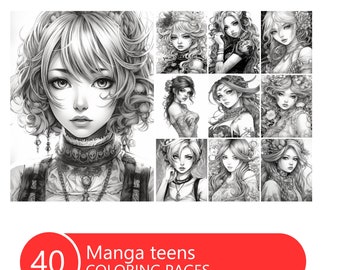 Manga Teens Coloring Book: 40 Anime Coloring Pages (Printable PDF File)