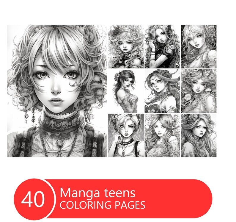 May include: A black and white colouring book featuring 40 pages of manga teen girls. The cover shows a close-up of a girl with curly hair and a detailed necklace.