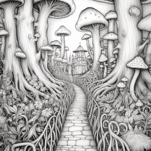 May include: A black and white pencil drawing of a path leading through a forest of giant mushrooms. The path is lined with a decorative fence and leads to a small building in the distance.