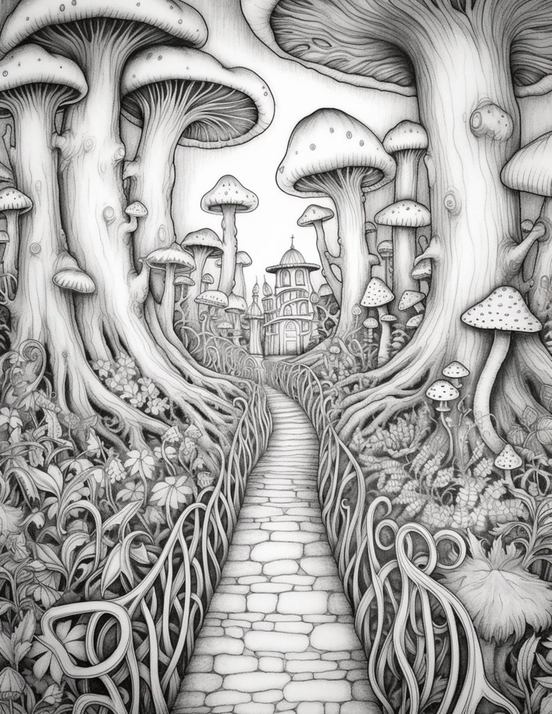 May include: A black and white pencil drawing of a path leading through a forest of giant mushrooms. The path is lined with a decorative fence and leads to a small building in the distance.
