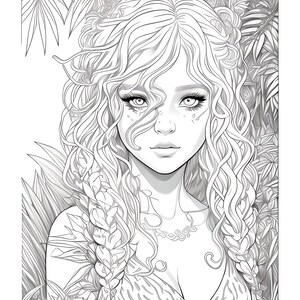 May include: A detailed black and white illustration of a woman with long, wavy hair and braids, surrounded by tropical foliage. The woman has large eyes, a delicate necklace, and a patterned top, perfect for coloring books or art prints.
