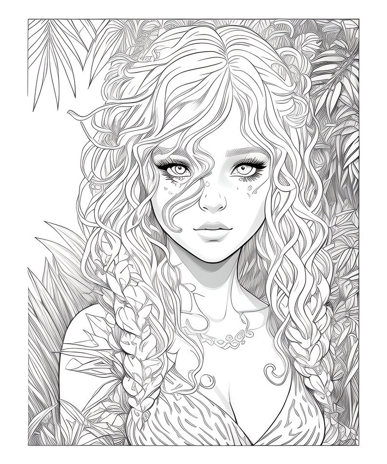 May include: A detailed black and white illustration of a woman with long, wavy hair and braids, surrounded by tropical foliage. The woman has large eyes, a delicate necklace, and a patterned top, perfect for coloring books or art prints.