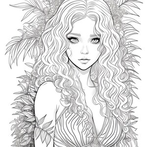 May include: Black and white illustration of a woman with long, wavy hair and a patterned top. The woman is surrounded by detailed floral and leaf elements, creating a botanical theme. The artwork is a detailed line drawing.