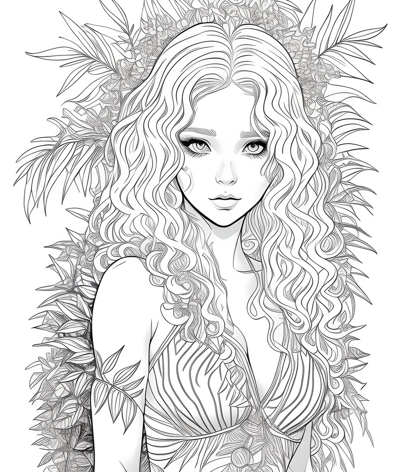 May include: Black and white illustration of a woman with long, wavy hair and a patterned top. The woman is surrounded by detailed floral and leaf elements, creating a botanical theme. The artwork is a detailed line drawing.