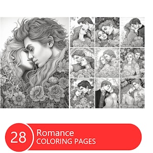 Romance Coloring Book for Adults and Kids, Grayscale Coloring Pages, Instant Download, Printable PDF File