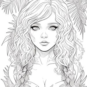 May include: Line art illustration of a woman with long, wavy hair and detailed facial features. The woman is surrounded by stylized foliage, creating a natural, botanical theme. The image is in black and white, suitable for coloring or artistic projects.