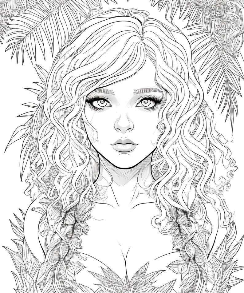 May include: Line art illustration of a woman with long, wavy hair and detailed facial features. The woman is surrounded by stylized foliage, creating a natural, botanical theme. The image is in black and white, suitable for coloring or artistic projects.
