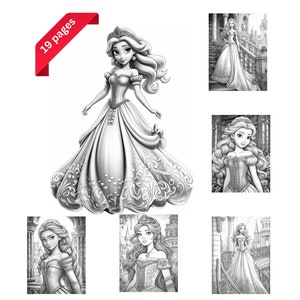 Princesses Grayscale Coloring Book: Fairytale Illustrations (Printable PDF)