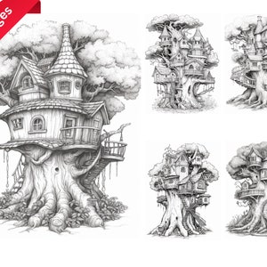Enchanted Treehouse Coloring Page for Adults + Kids, Instant Download, Grayscale Coloring Book, Printable PDF