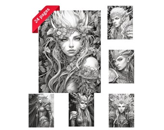 May include: A coloring book with 24 pages featuring detailed black and white illustrations of female figures with intricate hairstyles and clothing. The figures are depicted in various poses, some with wings, horns, and other fantastical elements.