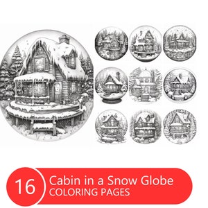 Cozy Cabin in a Snow Globe Coloring Book for Adults and Kids, Grayscale Coloring Pages, Instant Download, Printable PDF File