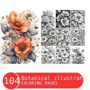 Botanical Illustrations Coloring Book: 104 Grayscale Pages (Printable PDF)