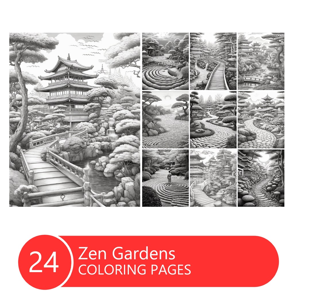 Zen Gardens Coloring Book for Adults and Kids, Grayscale Coloring Pages ...