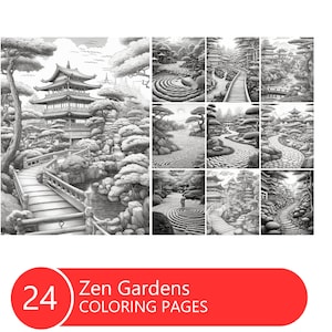 Zen Gardens Coloring Book for Adults and Kids, Grayscale Coloring Pages, Instant Download, Printable PDF File