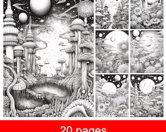 May include: A black and white illustration of a fantastical landscape with a city in the background, a lake in the foreground, and a variety of trees and plants. The illustration is divided into eight panels, each depicting a different scene. The illustration is titled "20 pages".