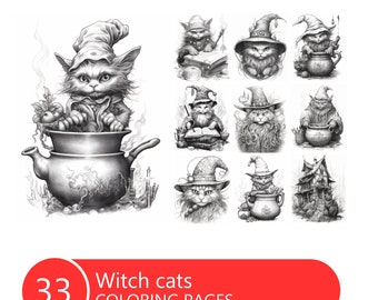 Witch Cats Malbuch: 33 Graustufen-Seiten (druckbare PDF-Datei)
