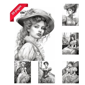 Victorian Women Coloring Pages for Adults and Teens, Grayscale Coloring Book, Instant Download, Printable PDF