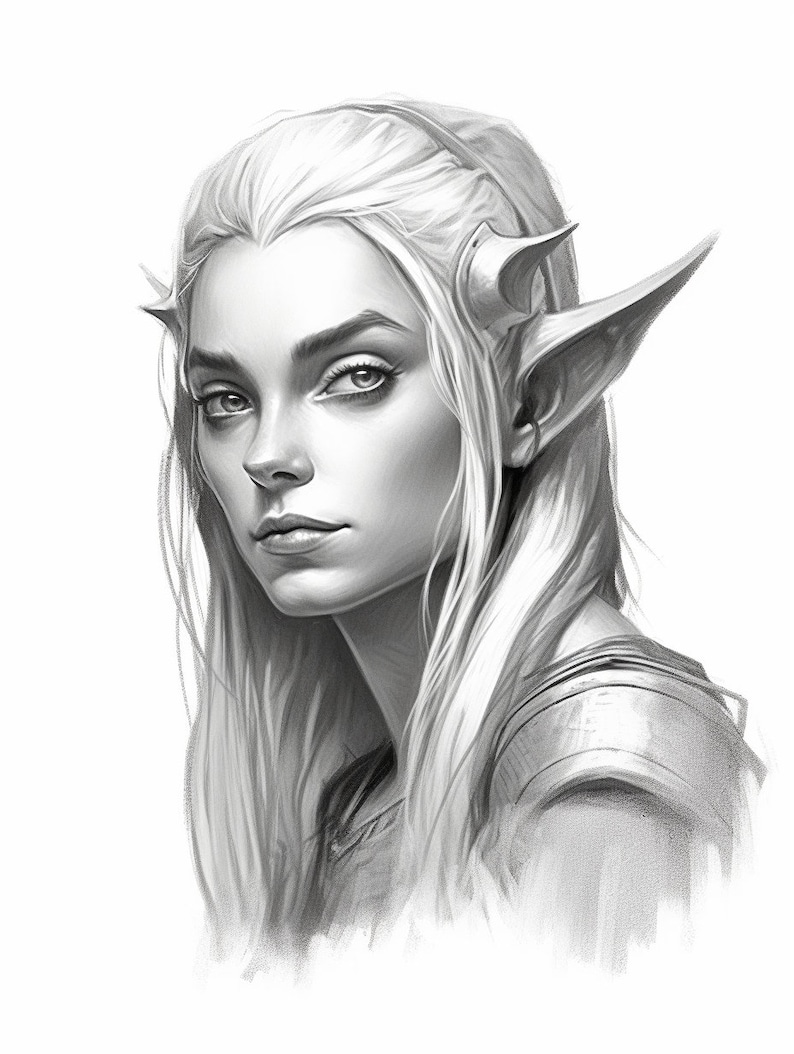 Female Elf Coloring Page for Adults and Teens Grayscale Etsy Australia