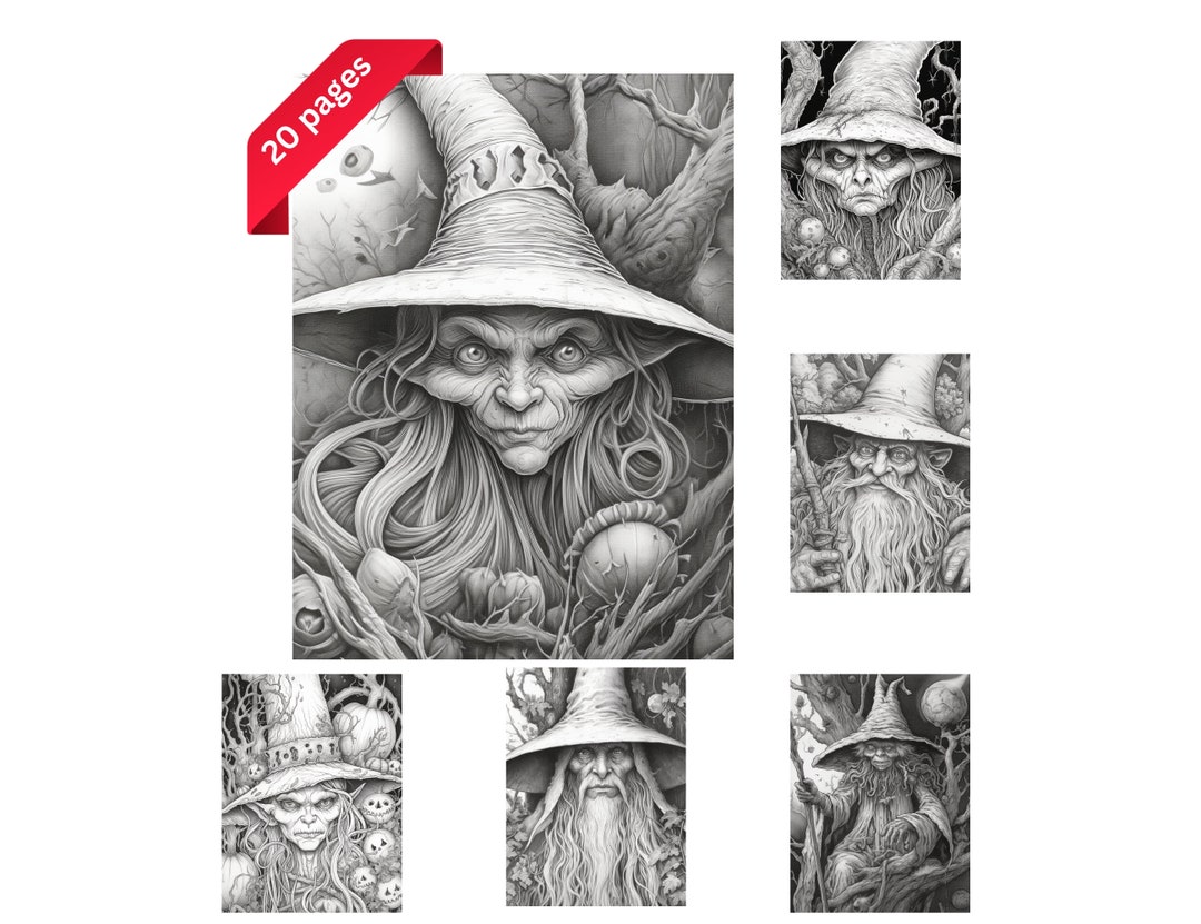Scary Witches and Sorcerers Coloring Page for Adults and Teens, Grayscale Coloring Book, Instant ...