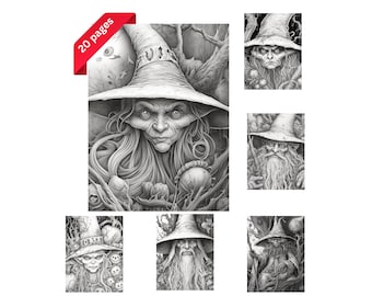 Scary Witches Coloring Book: Grayscale Art for Adults, Teens (Printable PDF)