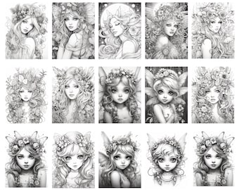 250+ Fairies Adult Coloring Pages, Download Grayscale Illustrations, Fairy Coloring Book, Fantasy, Bundle