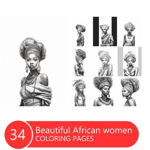 Beautiful African Women Coloring Book for Adults and Kids, Grayscale Coloring Pages, Instant Download, Printable PDF File