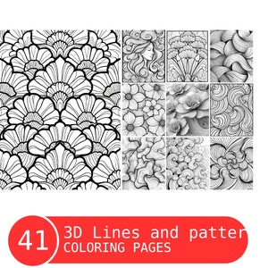 3D Lines and Patterns Coloring Book for Adults and Kids, Grayscale Coloring Pages, Instant Download, Printable PDF File