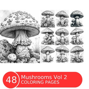 Może przedstawiać: Czarno-białe ilustracje różnych grzybów, w tym szczegółowe rysunki różnych gatunków. Obraz zawiera tekst "48 Mushrooms Vol 2 COLORING PAGES" w czerwonym prostokącie.