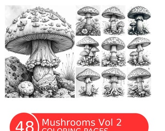 Mushroom Coloring Book: 48 Grayscale Pages for Adults & Kids (Printable PDF)