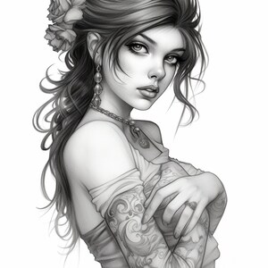 May include: A black and white drawing of a woman with long, flowing hair. She is wearing a simple top and has a large tattoo on her arm. She is looking over her shoulder with a thoughtful expression.