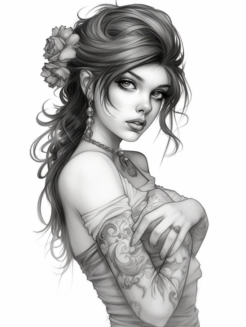 May include: A black and white drawing of a woman with long, flowing hair. She is wearing a simple top and has a large tattoo on her arm. She is looking over her shoulder with a thoughtful expression.
