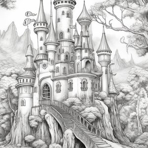 May include: A detailed pencil drawing of a fairytale castle with multiple towers and spires, set against a backdrop of mountains and trees. The castle is perched on a cliff with a winding stone staircase leading up to the entrance.