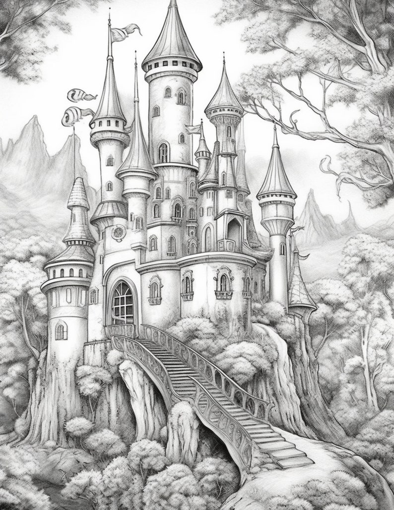 May include: A detailed pencil drawing of a fairytale castle with multiple towers and spires, set against a backdrop of mountains and trees. The castle is perched on a cliff with a winding stone staircase leading up to the entrance.