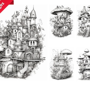 Fairy house Coloring Book for Adults and Kids, Instant Download, Grayscale Coloring Book