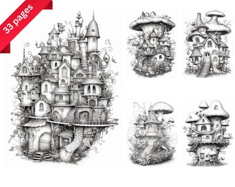 Fairy House Grayscale Coloring Book: Whimsical Garden Illustrations (Instant Download)
