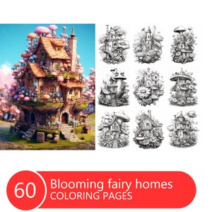 Blooming Fairy Homes Coloring Book for Adults and Kids, Grayscale Coloring Pages, Instant Download, Printable PDF File