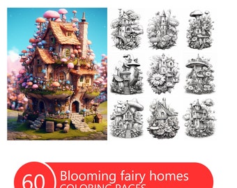 妖精の家のぬり絵：60ページのグレースケール（印刷可能なPDF）