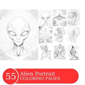 Alien Portrait Coloring Book for Adults and Kids, Grayscale Coloring Pages, Instant Download, Printable PDF File